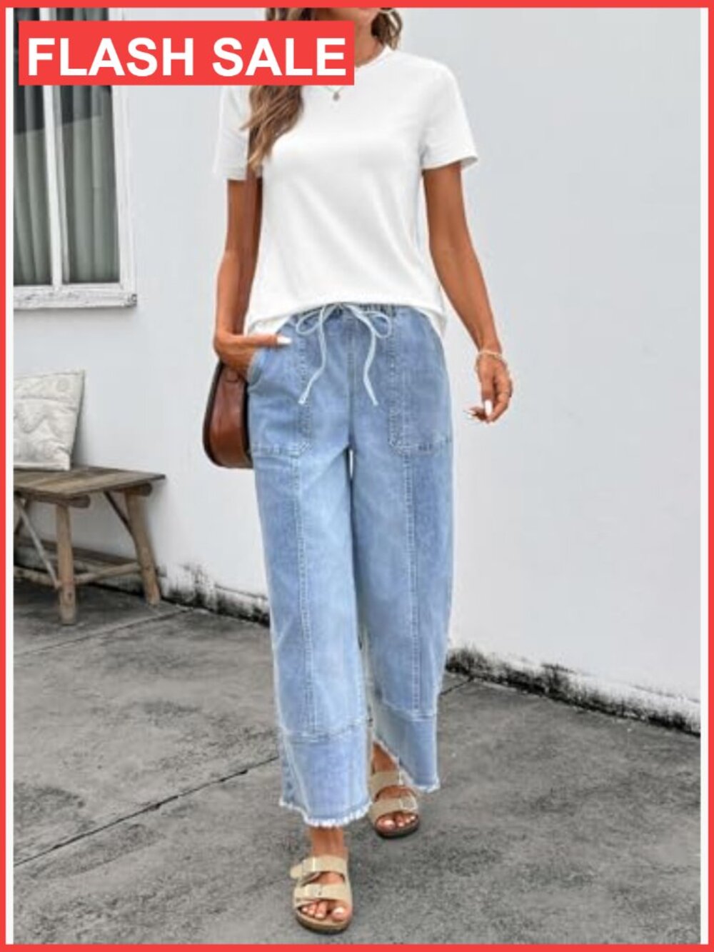 Wide Leg Baggy Jeans High Waisted Stretchy Drawstring Denim Pants - Picture 3 of 7